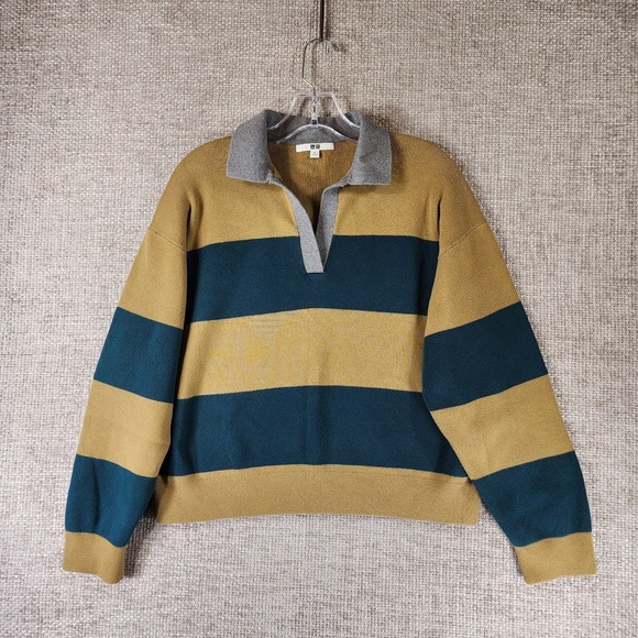Uniqlo Sweaters - Uniqlo Smooth Cotton Relaxed Polo Sweater Womens M Gold Teal Stripe Crop Preppy
